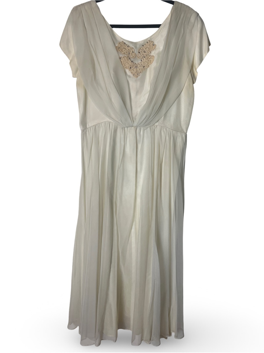 Vintage 50s Ivory Chiffon Cowl Back Empire Waist Formal Gown Lace Beaded Sz L/XL